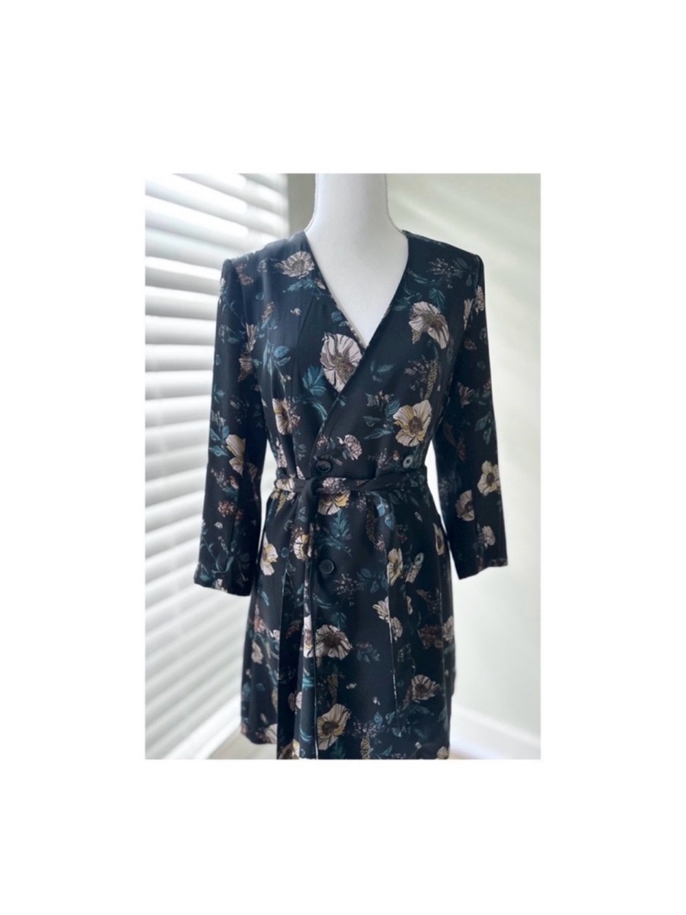 Frank & Oak Black Floral Long-Sleeve Wrap Dress